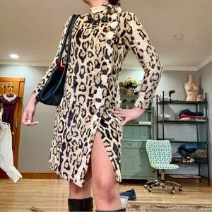 Vintage 60s Oscar De La Renta leopard faux fur button up swing coat dress XS S